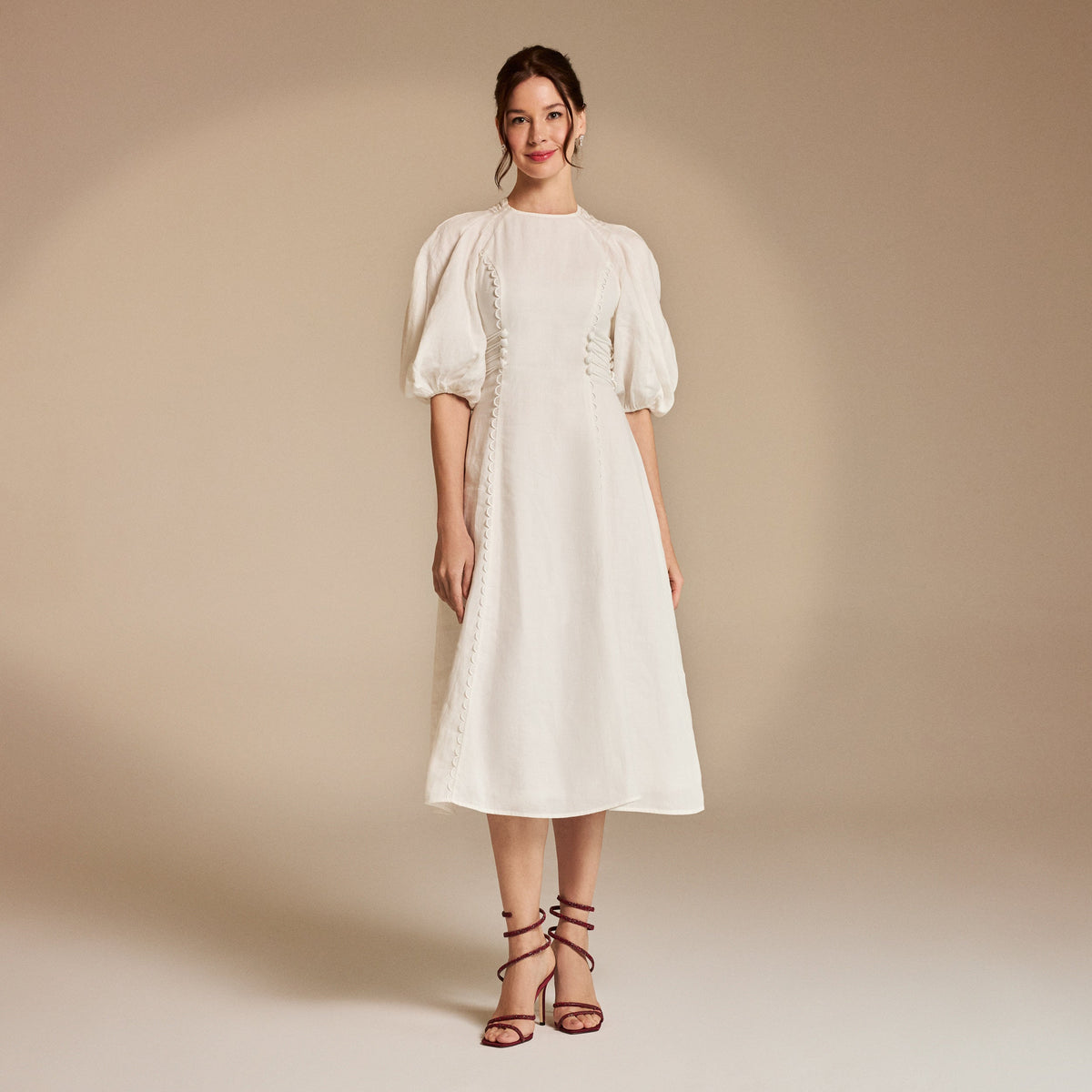 Rosamund | Balloon Sleeve Crew Neck Ladies Day Midi Dress