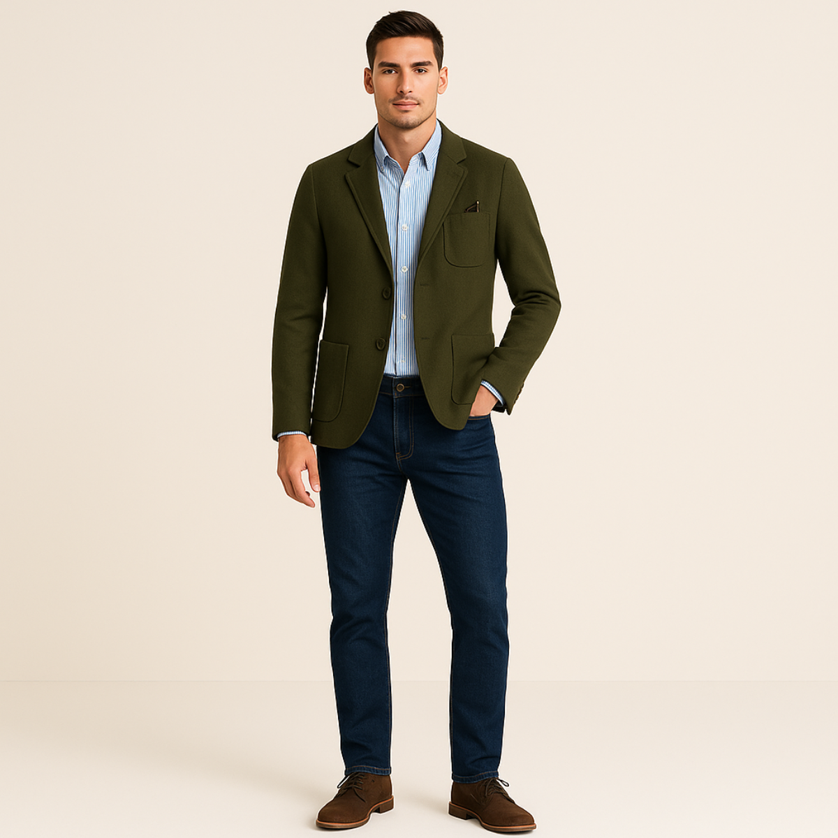 Man wearing a green blazer, blue shirt, and dark jeans on a beige background