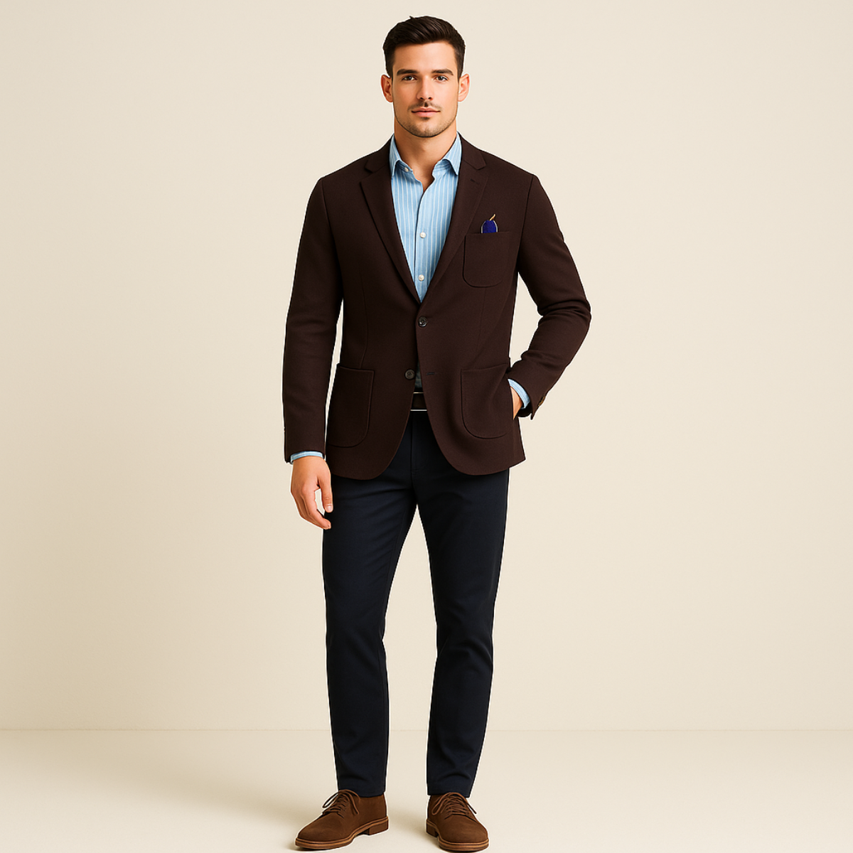Man wearing a brown blazer, blue shirt, and dark pants on a beige background