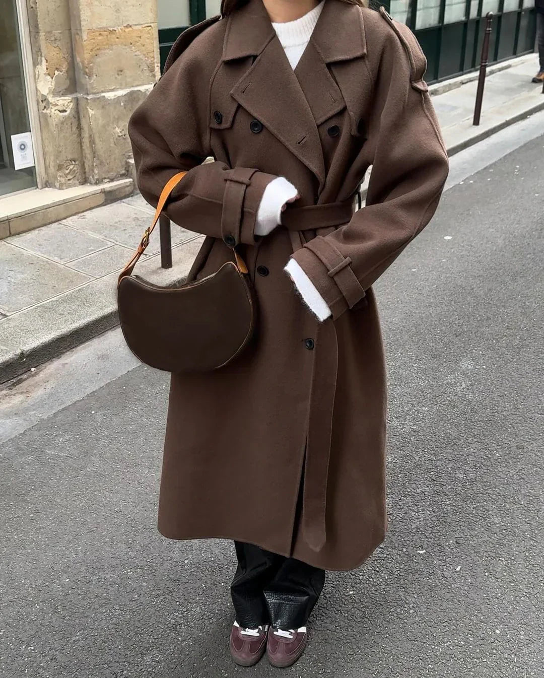 Biruvi | Women’s Wool Trench Coat Belted Double Breasted