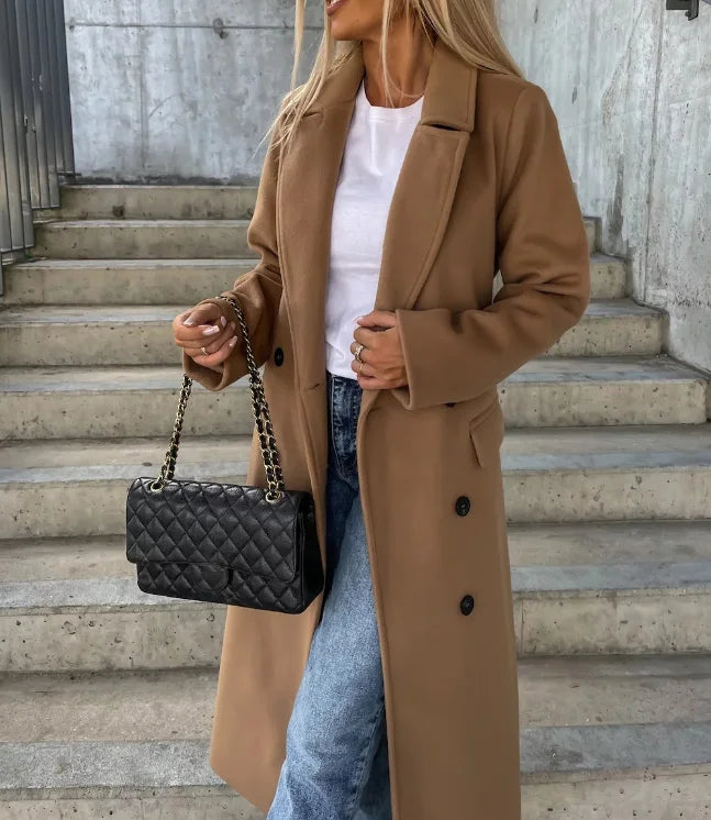 Biruvi | Women’s Classic Camel Double-Breasted Wool-Blend Coat