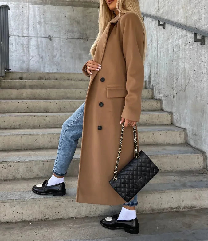 Biruvi | Women’s Classic Camel Double-Breasted Wool-Blend Coat