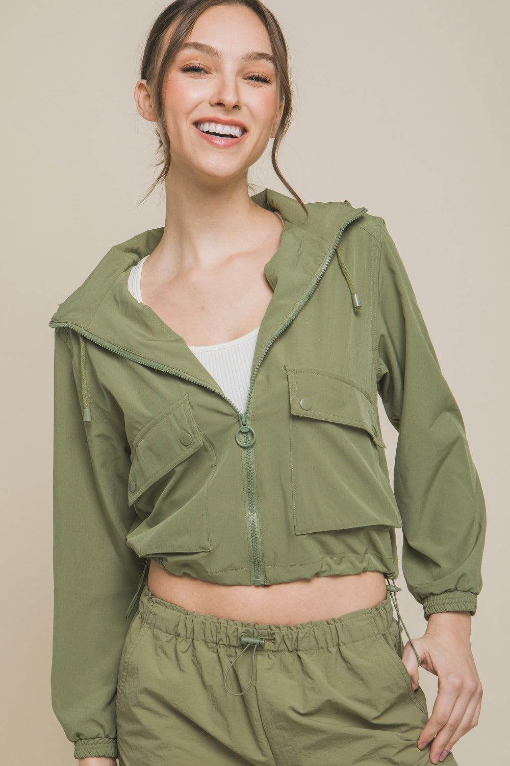 Biruvi | Women’s Drawstring Hem Hooded Zip Up Cropped Jacket Sporty Casual Outerwear