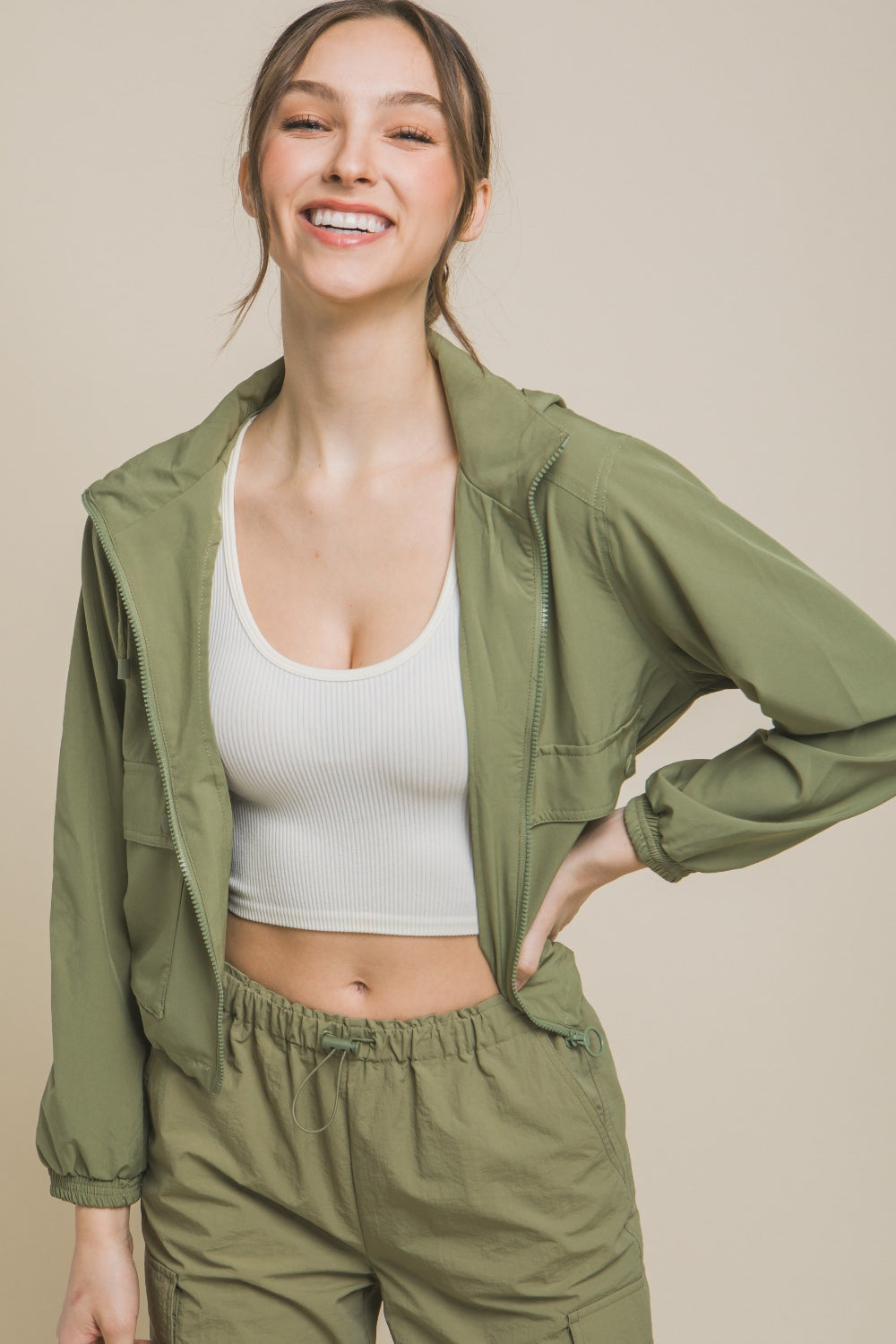 Biruvi | Women’s Drawstring Hem Hooded Zip Up Cropped Jacket Sporty Casual Outerwear