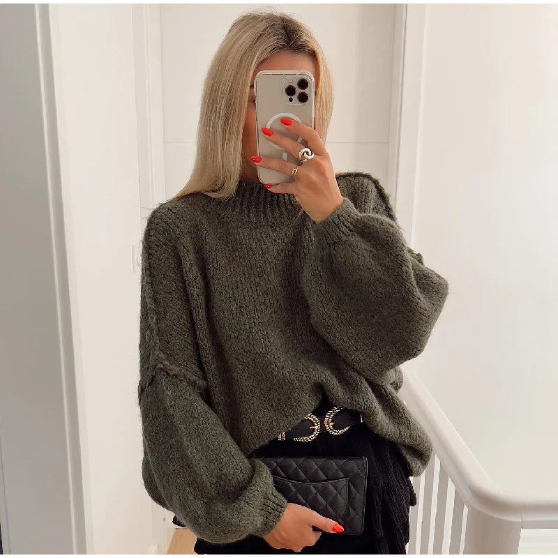 Biruvi | Women’s Oversized Mock Neck Knit Sweater
