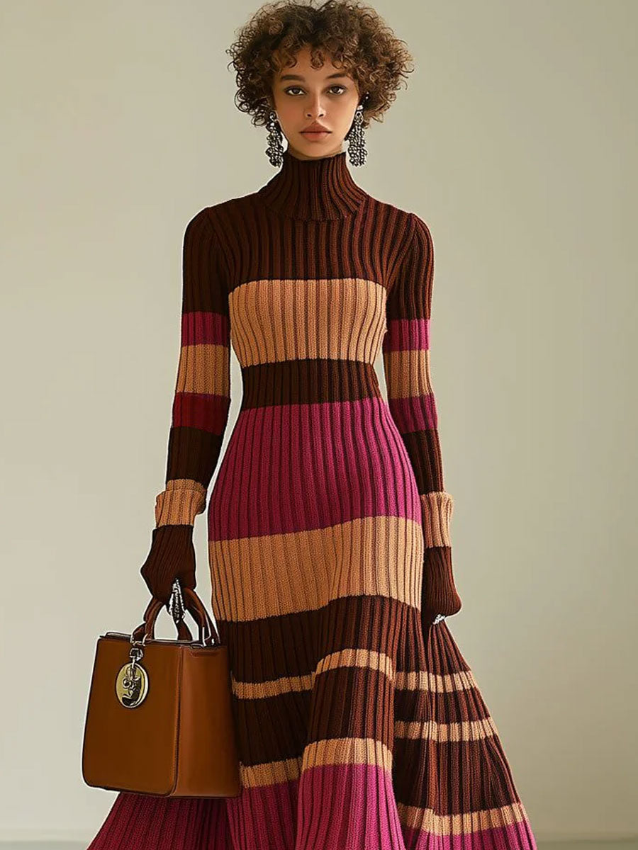 Biruvi | Women’s Retro Striped High Neck Knitwear Midi Dress