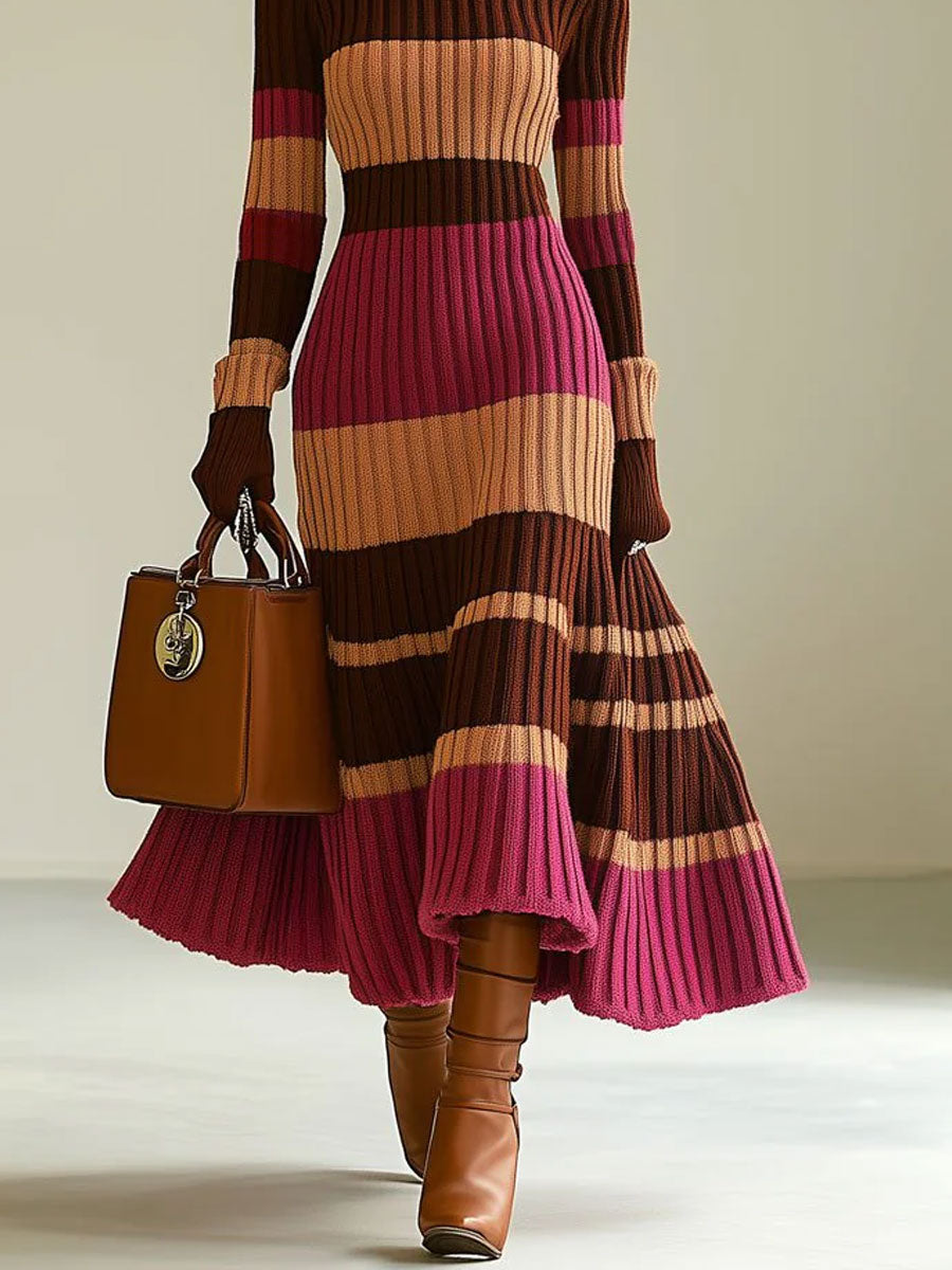 Biruvi | Women’s Retro Striped High Neck Knitwear Midi Dress