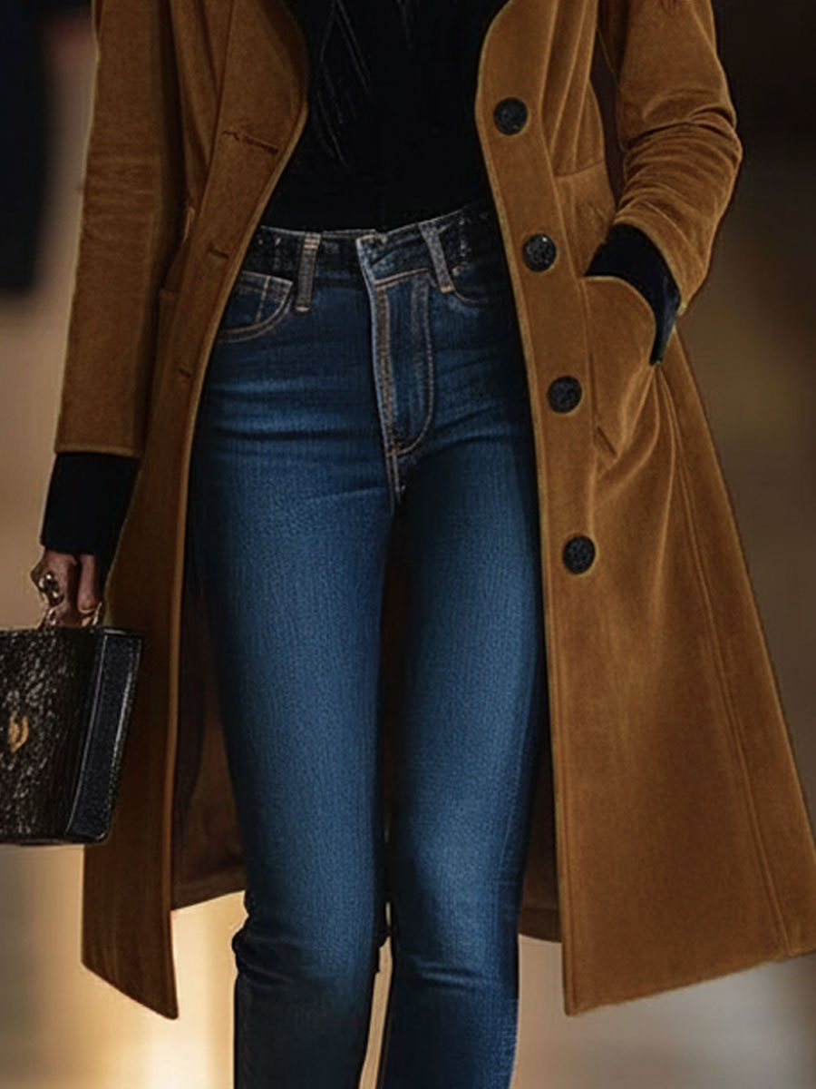 Biruvi | Women’s Vintage Caramel Suede Overcoat with Black Contrast Lapel