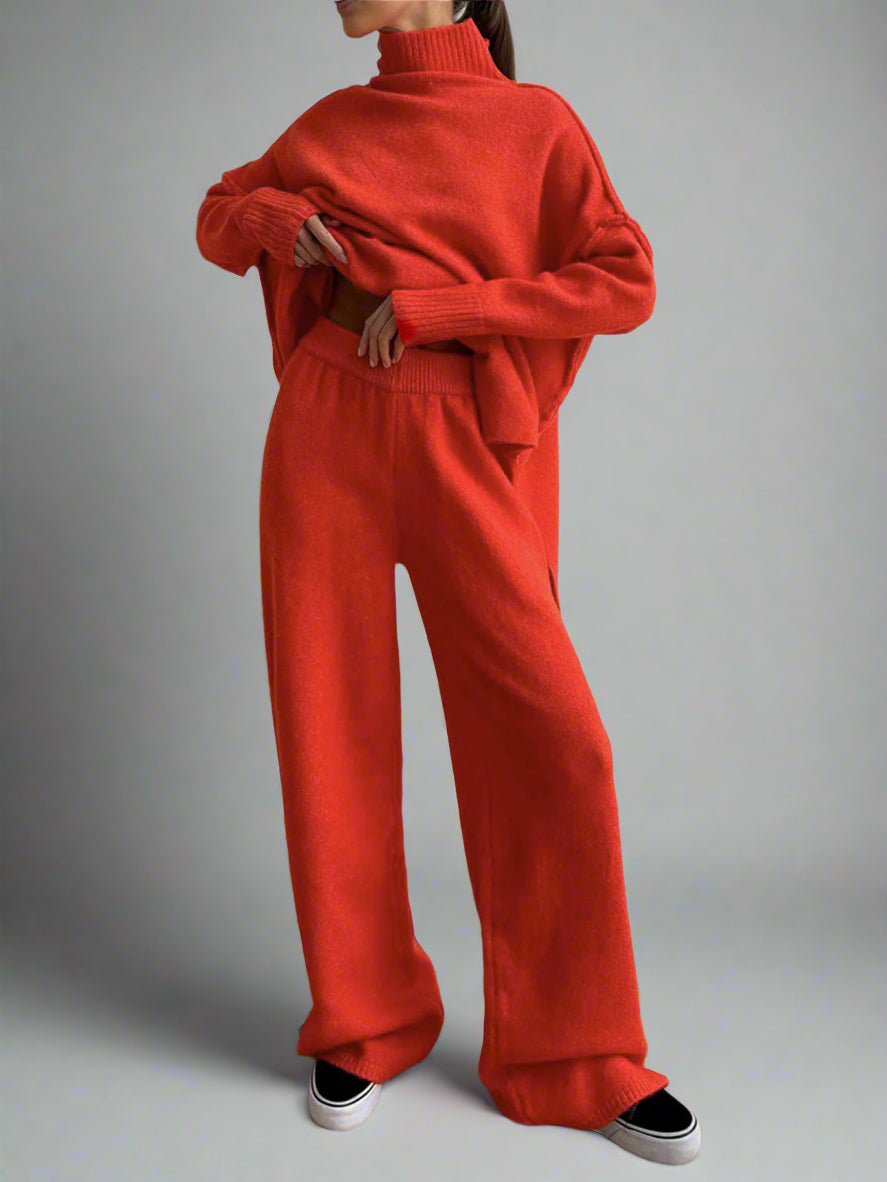 Biruvi | Women’s Soft Knit Turtleneck and Wide Leg Lounge Set