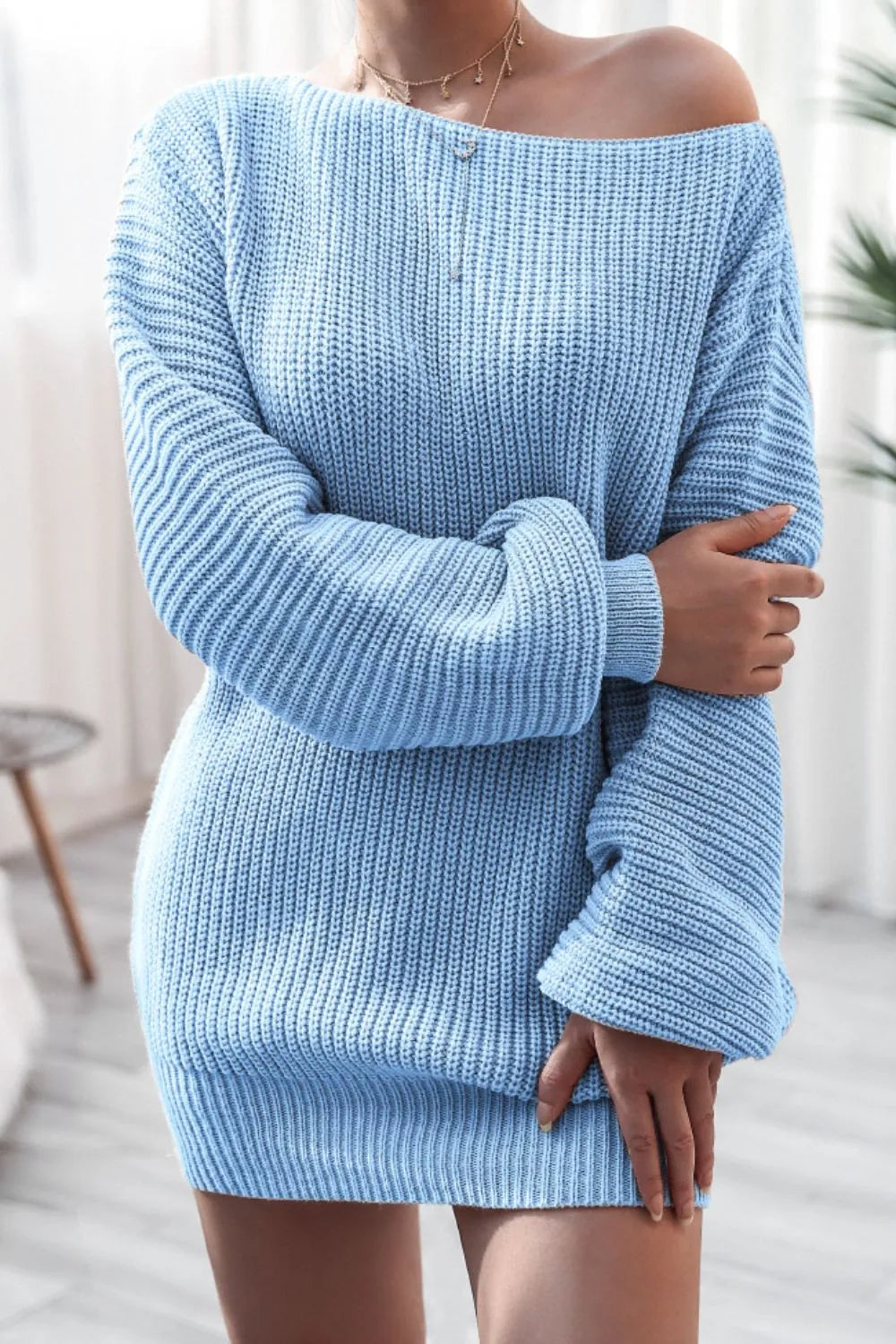 Biruvi | Women’s Boat Neck Long Sleeve Mini Sweater Dress