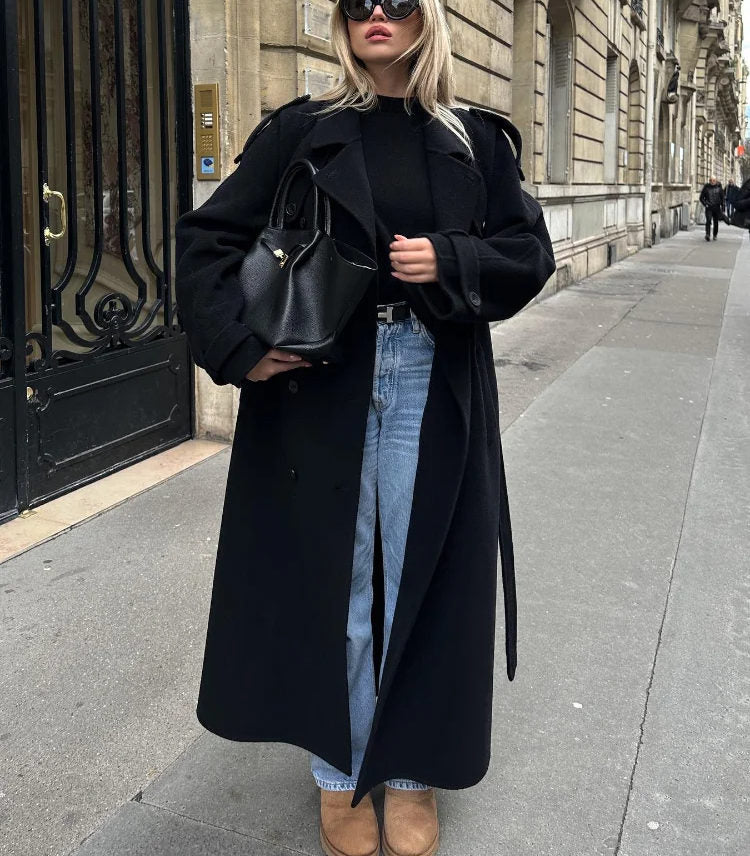 Biruvi | Women’s Double Breasted Trench Coat with Belted Waist and Notch Lapel