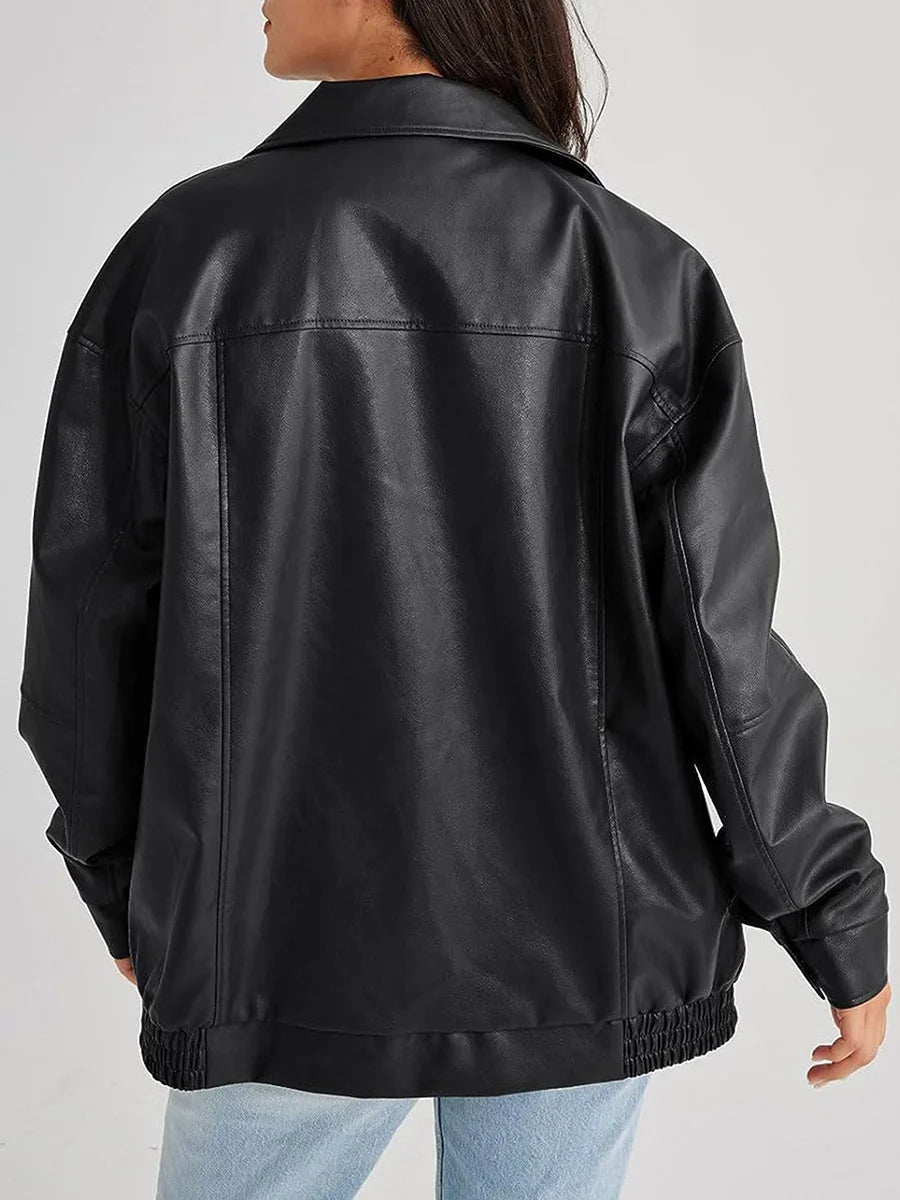 Biruvi | Women’s Oversized PU Zip Jacket Smooth Wide Collar Hip-Length