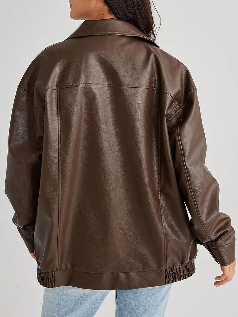 Biruvi | Women’s Oversized PU Zip Jacket Smooth Wide Collar Hip-Length