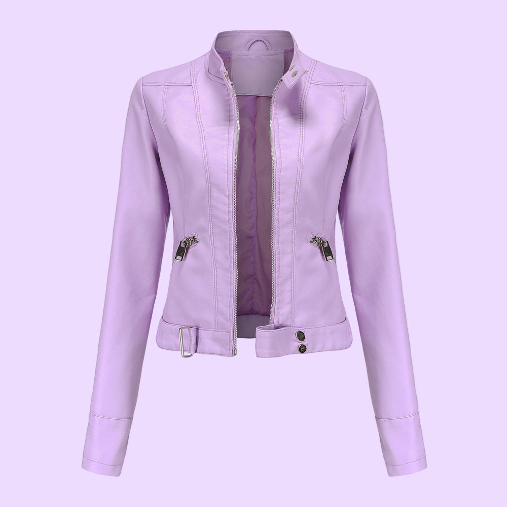 Biruvi | Women’s PU High Collar Jacket – Faux Leather Zip Jacket with Belted Hem