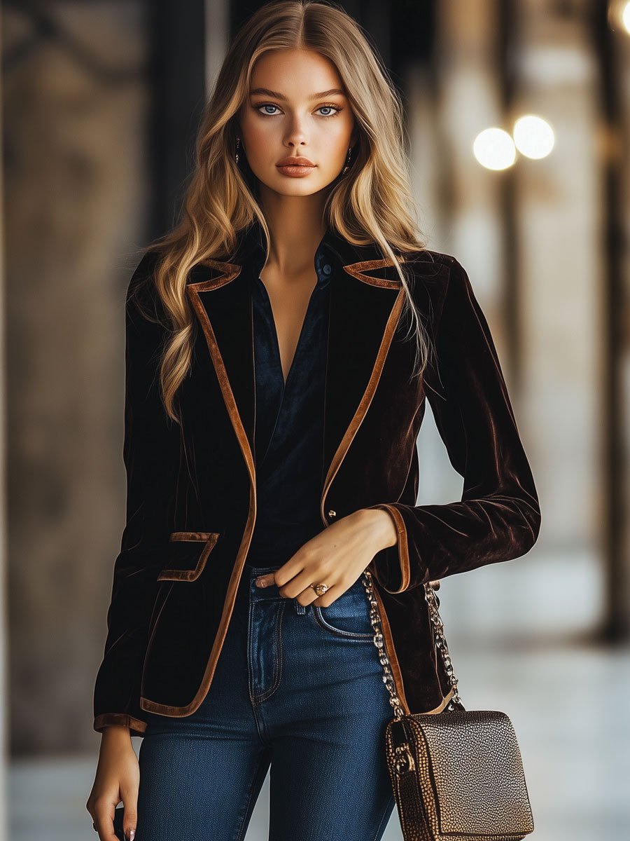 Biruvi | Women’s Vintage Velvet Colorblock Stripe Pocket Blazer