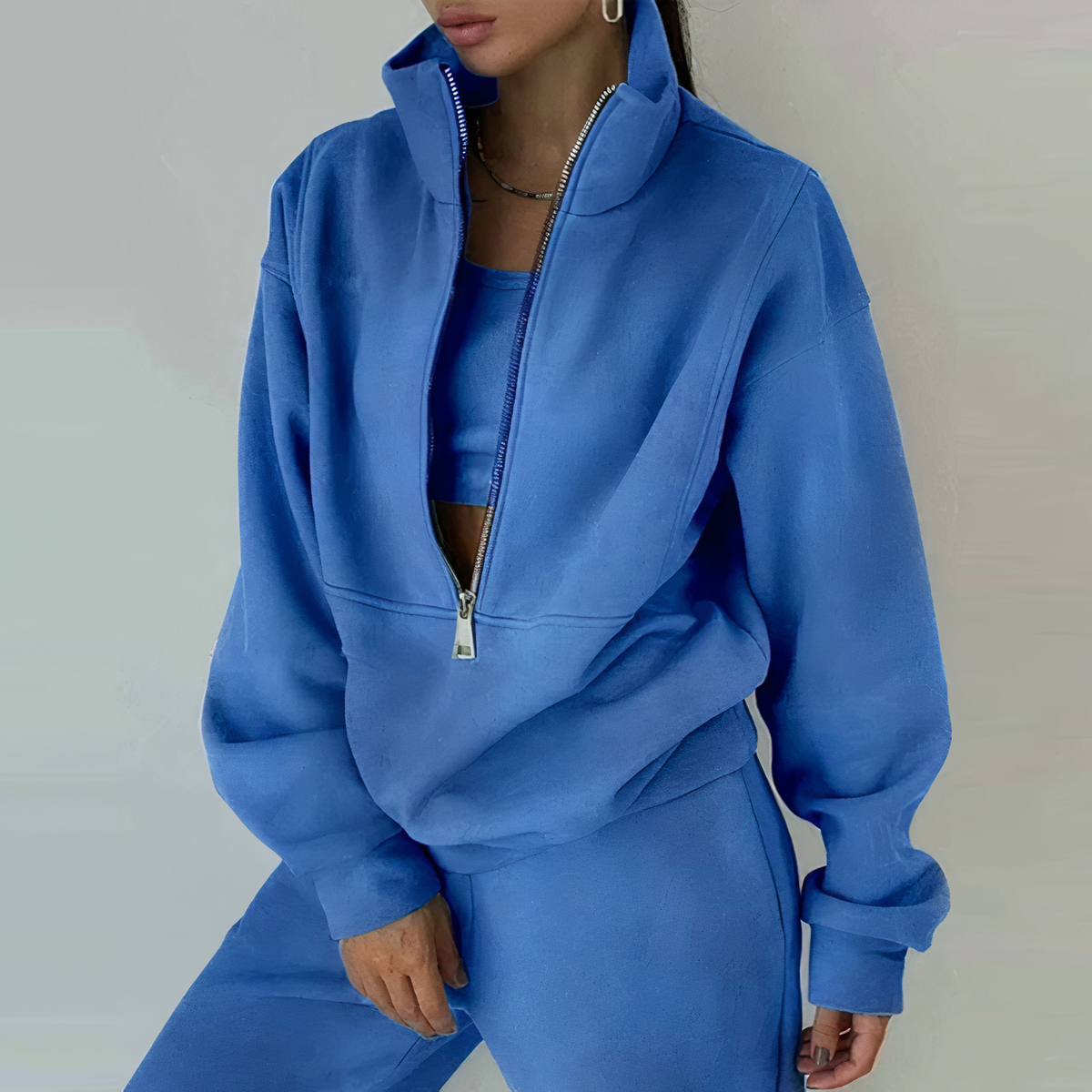 Biruvi | Women’s Tracksuit Set Two Piece Cropped Half Zip Pullover Joggers