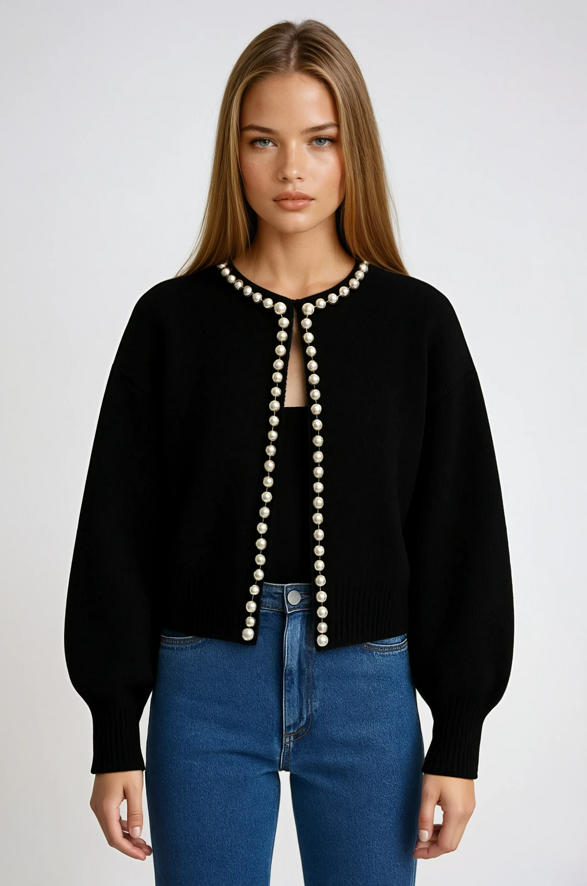 Biruvi | Women’s Knitwear Pearl Trim Cardigan Soft Elegant Statement Layer