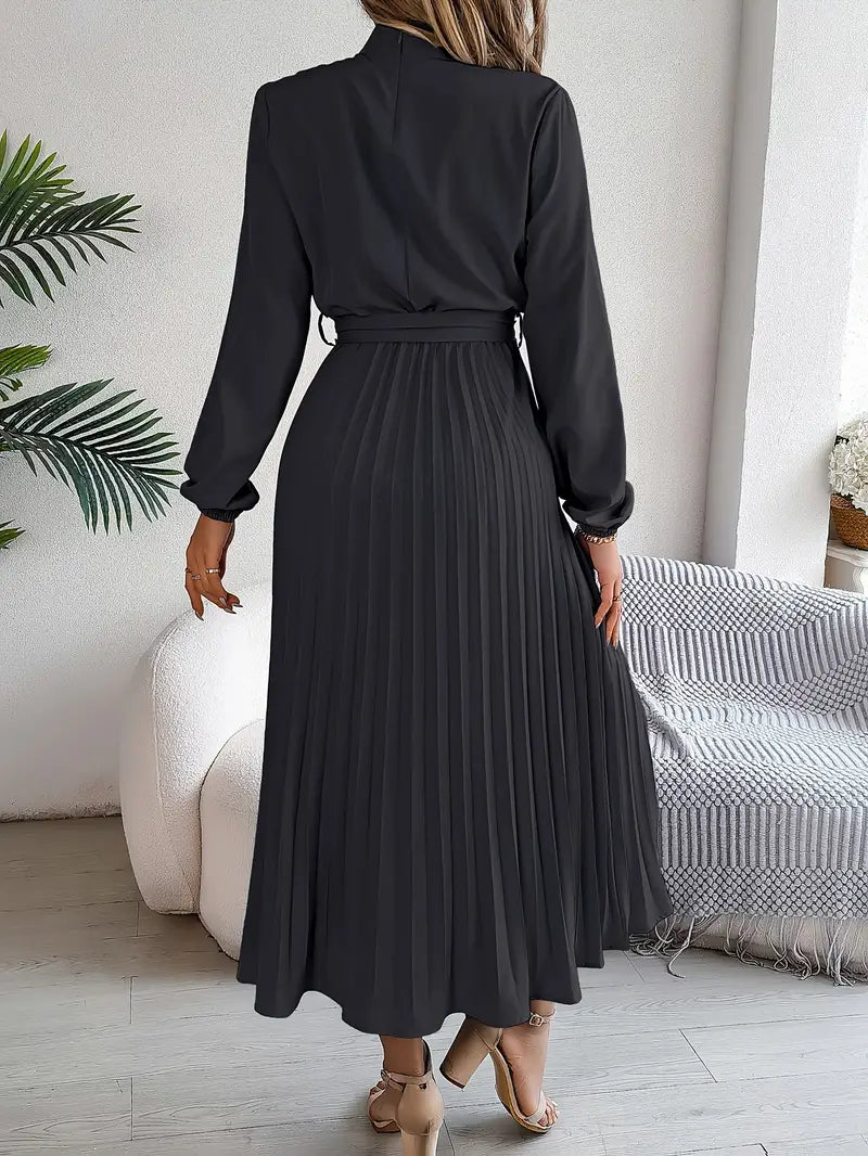 Biruvi | Women’s Pleated Midi Dress Belted Waist Long Sleeve Elegant Fit