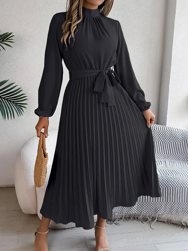 Biruvi | Women’s Pleated Midi Dress Belted Waist Long Sleeve Elegant Fit