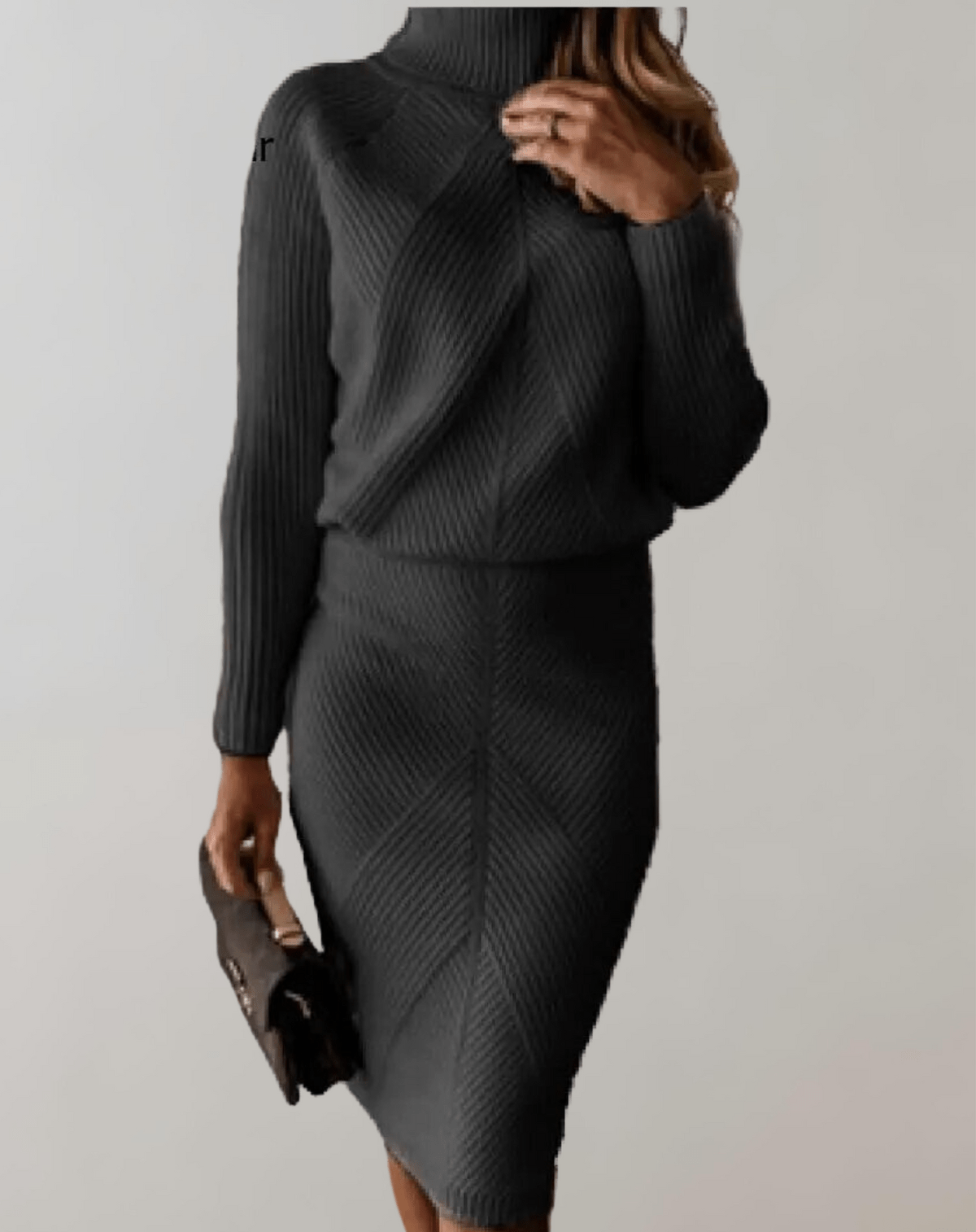 Biruvi | Women’s Knitwear Two Piece Set Ribbed High Neck Sweater Midi Skirt