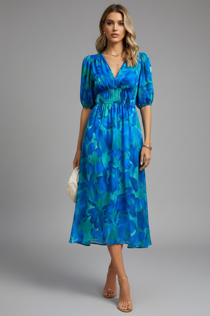Alba | Puff Sleeve V-Neck Floral Midi Dress