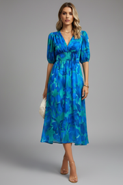 Alba | Puff Sleeve V-Neck Floral Midi Dress