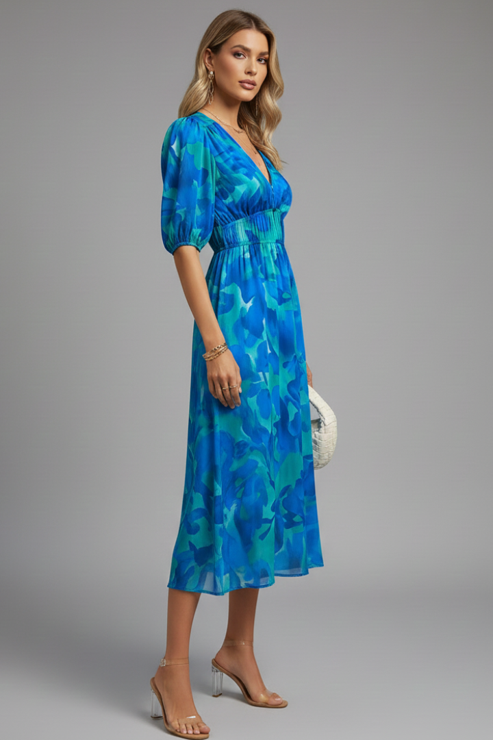 Alba | Puff Sleeve V-Neck Floral Midi Dress