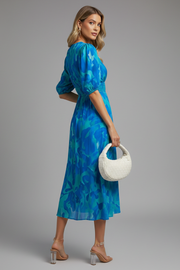 Alba | Puff Sleeve V-Neck Floral Midi Dress