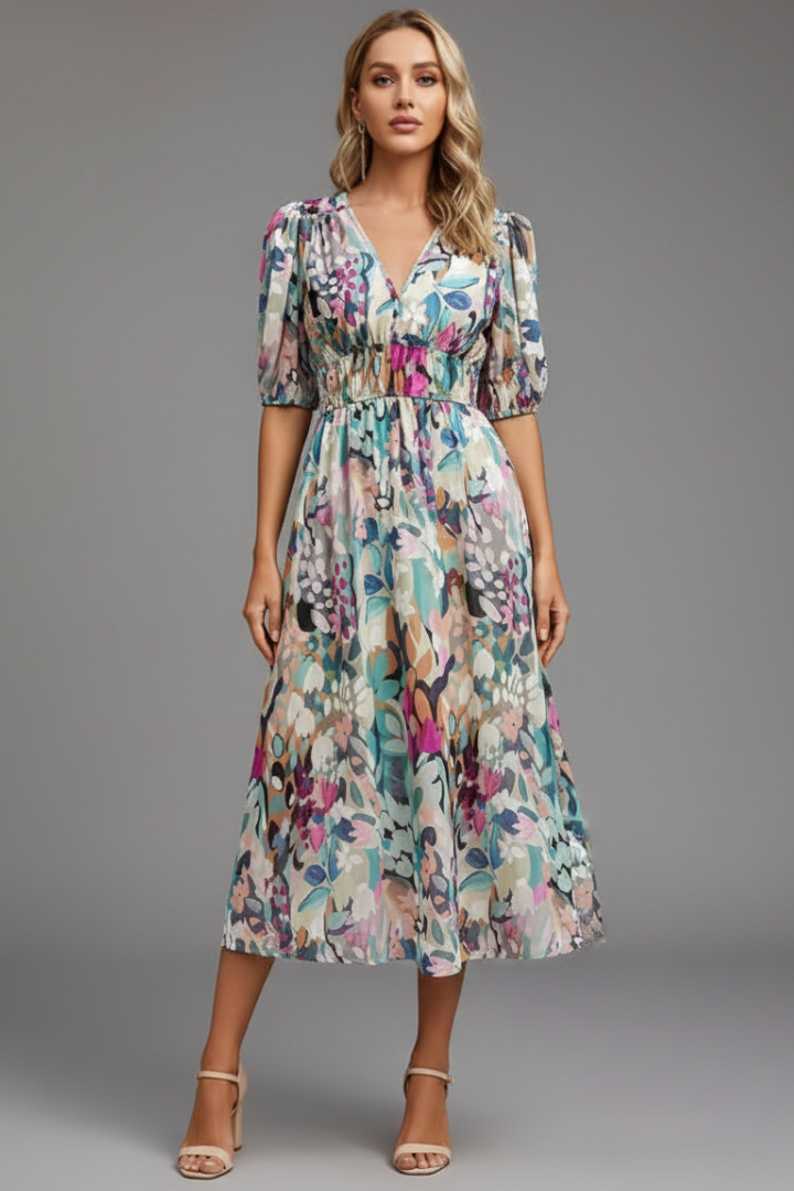 Alba | Puff Sleeve V-Neck Floral Midi Dress
