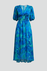 Alba | Puff Sleeve V-Neck Floral Midi Dress
