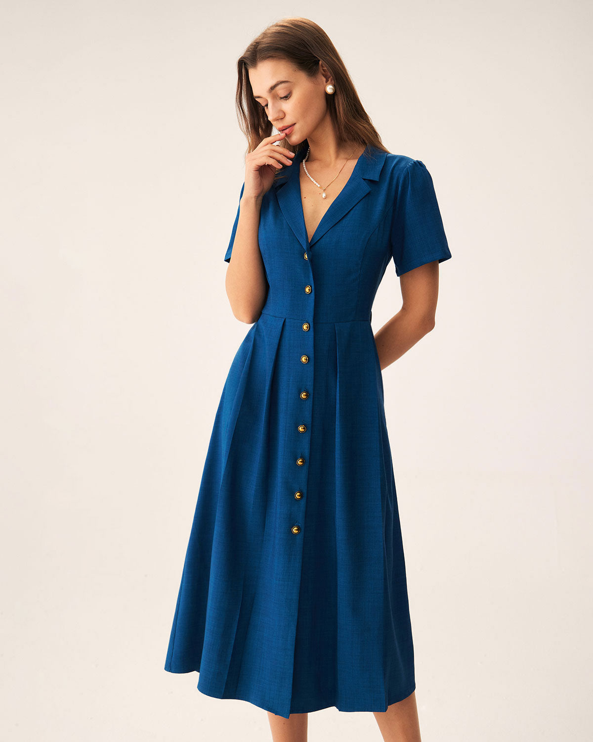 Camille | Pleated V-Neck Button Front Summer Dress