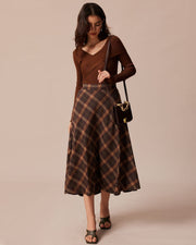 Camille | Regular Fit Elastic Waist Plaid Maxi Skirt