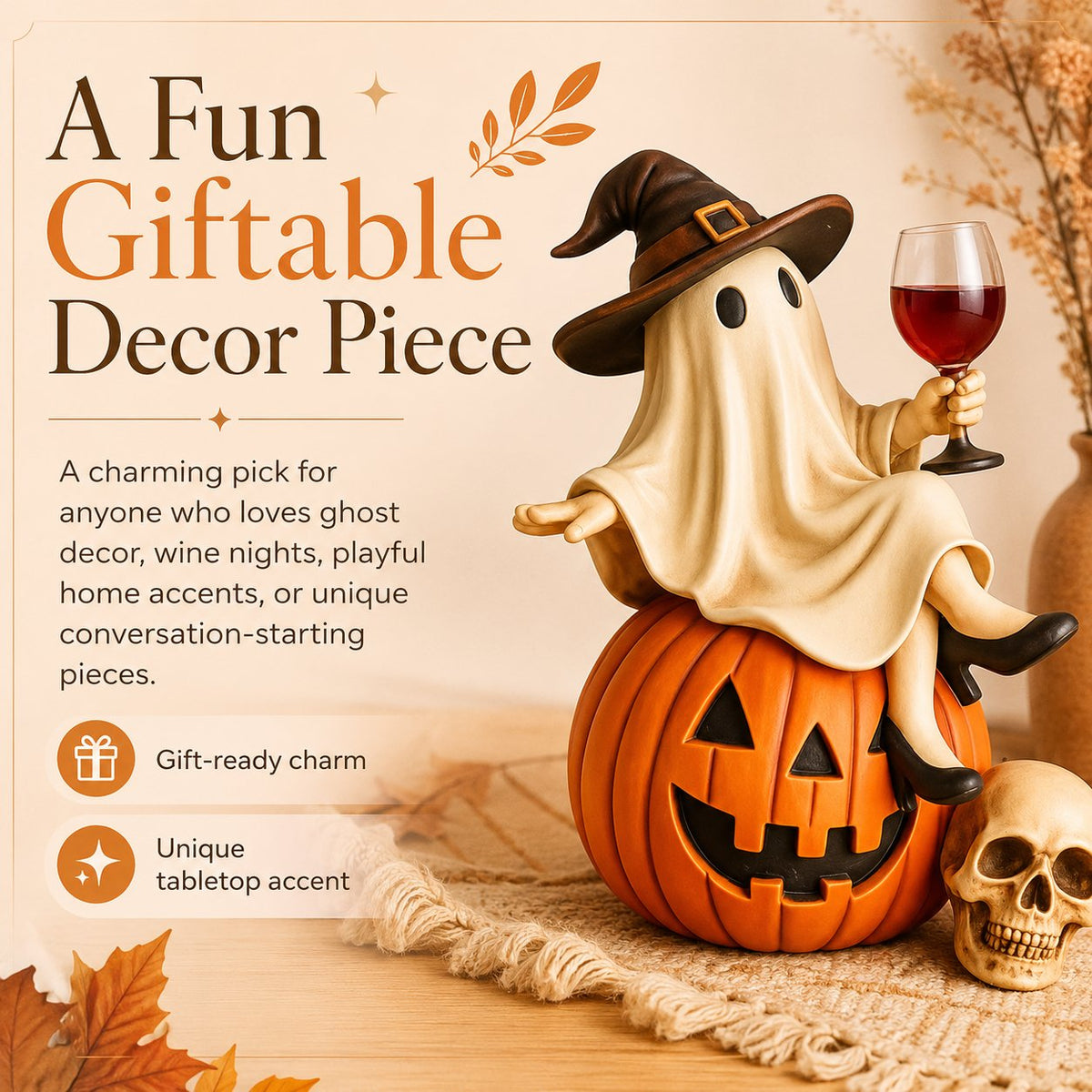 Ceramic Halloween Figurine with Ghost and Wine Glass – Ideal for Tabletop Decor