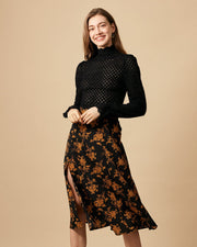 Estella | High Waist Floral Side Slit A-Line Maxi Skirt
