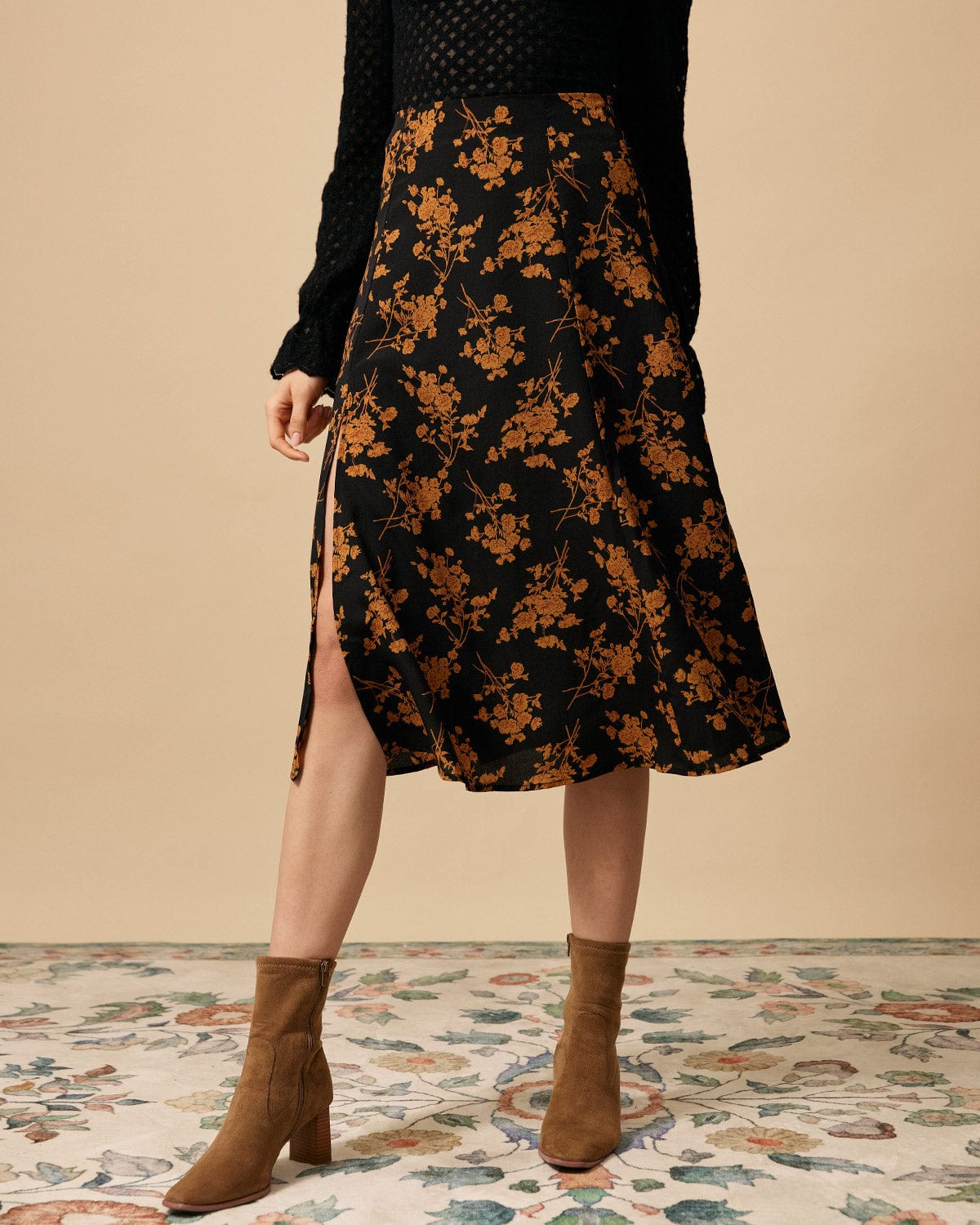 Estella | High Waist Floral Side Slit A-Line Maxi Skirt