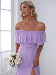 Estelle | Off-Shoulder Ruffle Bridesmaid Dress with Thigh Split