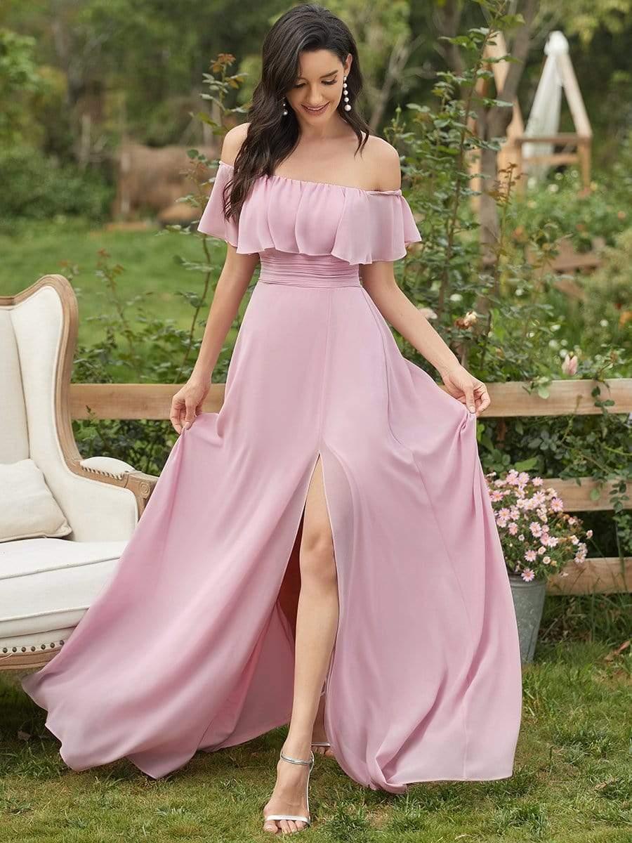 Estelle | Off-Shoulder Ruffle Bridesmaid Dress with Thigh Split