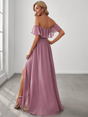 Estelle | Off-Shoulder Ruffle Bridesmaid Dress with Thigh Split