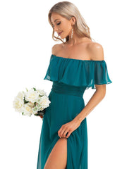 Estelle | Off-Shoulder Ruffle Bridesmaid Dress with Thigh Split