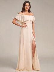 Estelle | Off-Shoulder Ruffle Bridesmaid Dress with Thigh Split