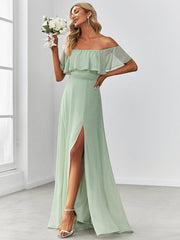 Estelle | Off-Shoulder Ruffle Bridesmaid Dress with Thigh Split