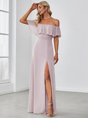 Estelle | Off-Shoulder Ruffle Bridesmaid Dress with Thigh Split