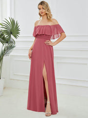 Estelle | Off-Shoulder Ruffle Bridesmaid Dress with Thigh Split