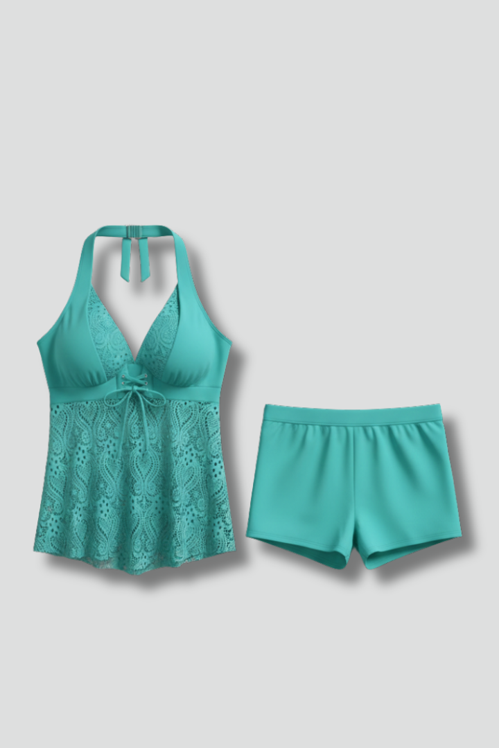 Gloria | V-Neck Lace Overlay Tankini Set