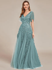 Grace | Fitted V-Neck Ruffle Sleeve Prom Dress