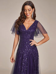 Grace | Fitted V-Neck Ruffle Sleeve Prom Dress
