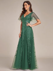 Grace | Fitted V-Neck Ruffle Sleeve Prom Dress