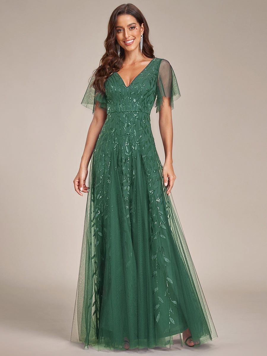 Grace | Fitted V-Neck Ruffle Sleeve Prom Dress