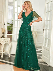 Grace | Fitted V-Neck Ruffle Sleeve Prom Dress