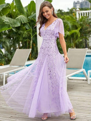 Grace | Fitted V-Neck Ruffle Sleeve Prom Dress